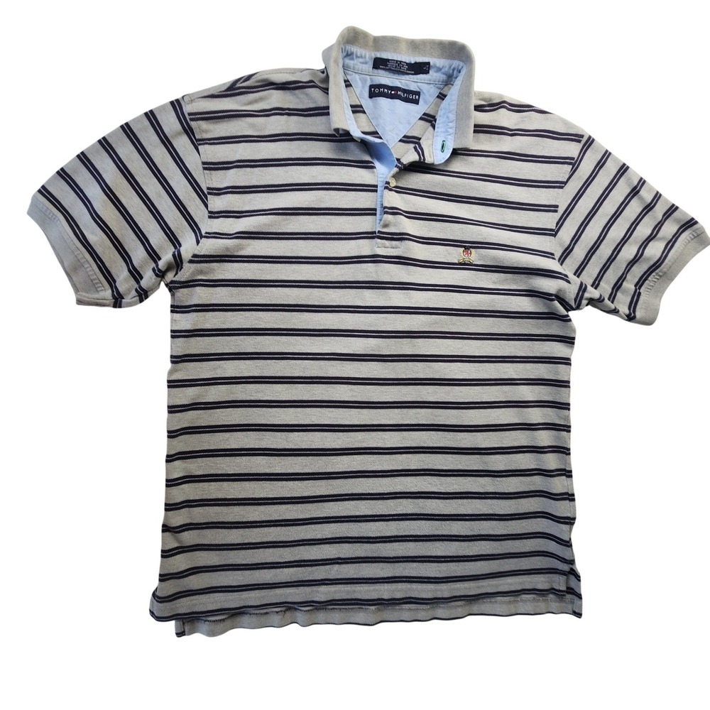VTG Y2K Tommy Hilfiger Mens Large Polo Shirt Grey Blue Striped Cotton Crest Logo